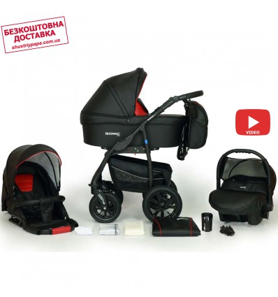 Дитяча коляска 3 в 1 Verdi Sonic Plus 01 чорна з червоним